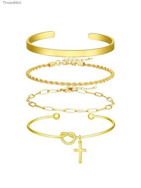 4-Piece 14k Gold Silver Plated Bracelet Stack Set - Bangle, Cuff, Twist Rope,